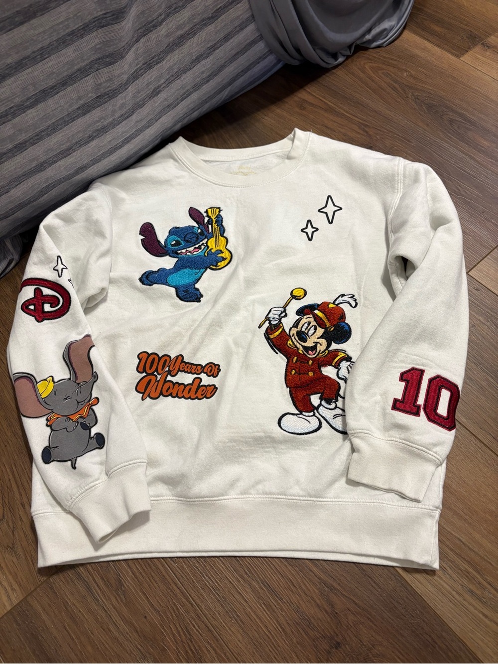 Disney White Crewneck Sweatshirt with Mickey, Stitch & Dumbo Patches